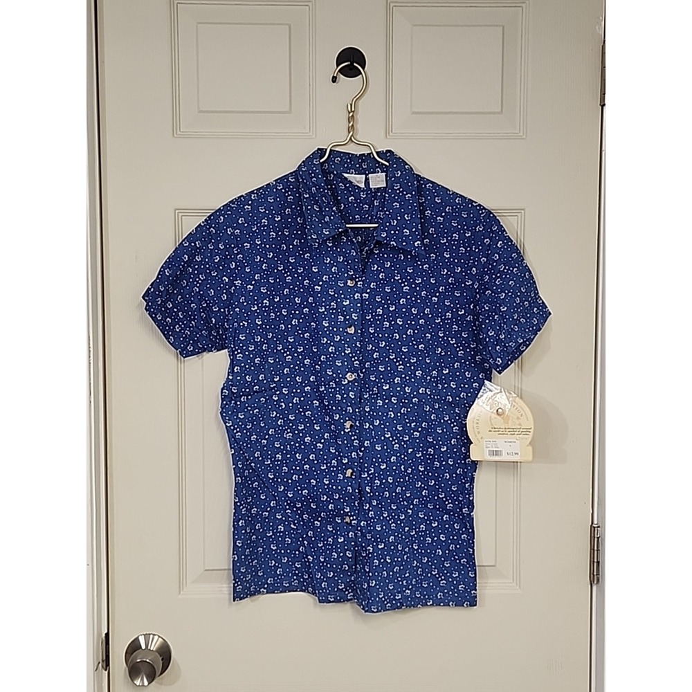 Vtg Cherokee Shirt Blue Floral Collared‎ Button Up Made USA Women's Small ~ NWT